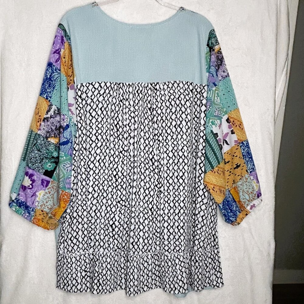 Calessa Blouse Women's 2X Mint Multi Embroidered Floral Patchwork Print TopTunic - Picture 6 of 13